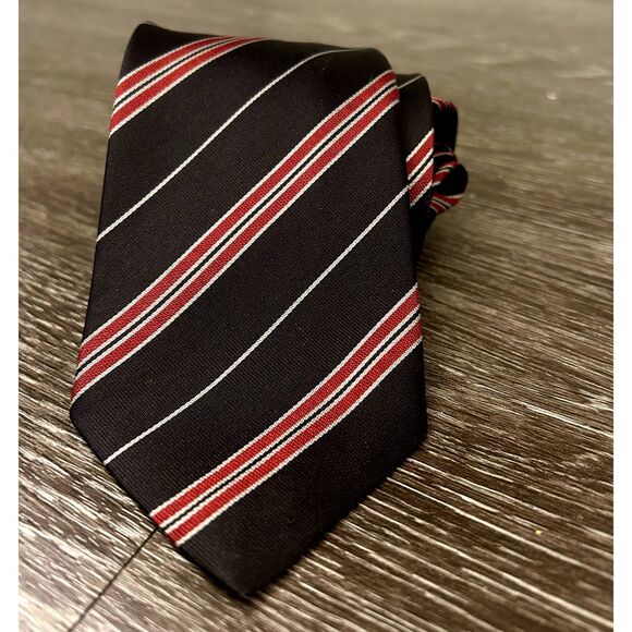 YSL Yves Saint Laurent Men’s Black Red Silk Tie | Striped Luxury Designer Gift - Picture 1 of 9